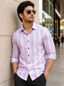 VeBNoR Men Striped Casual Pink Shirt