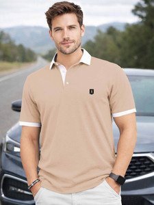 VeBNoR Printed Men Polo Neck Beige T-Shirt