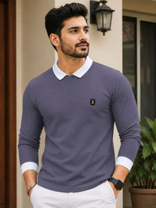 VeBNoR Self Design Men Polo Neck Blue