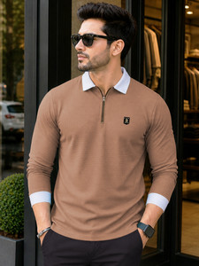 VeBNoR Self Design Men Polo Neck Brown