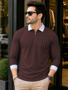 VeBNoR Self Design Men Polo Neck Brown