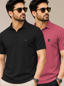 VeBNoR Solid Men Polo Neck Black Pink