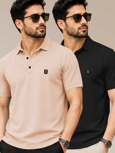 VeBNoR Solid Men Polo Neck Black Beige