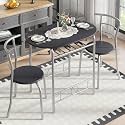VECELO 3-Piece Dining Table Set for Kitchen Breakfast Nook, Wood Grain Oval Tabletop and Metal Frame with Built-in Wine Rack, for Small Spaces, Matte Black &amp; Silver