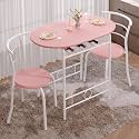 VECELO 3-Piece Dining Table Set for Kitchen Breakfast Nook, Wood Grain Oval Tabletop and Metal Frame with Built-in Wine Rack, for Small Spaces, Pink