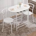 VECELO 3-Piece Dining Table Set for Kitchen Breakfast Nook, Wood Grain Oval Tabletop and Metal Frame with Built-in Wine Rack, for Small Spaces, Pure White