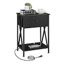 VECELO End Table with Charging Station, Night Stand with Drawers, 2-Tier Bedside Tables with USB Ports &amp; Outlets, Side Table with Storage Shelf for Living Room/Bedroom, Black