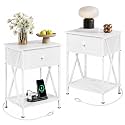 VECELO Nightstand Set of 2,End Tables with Charging Station,Bed Side Table with Open Shelf &amp;USB Ports &amp; Outlets,Small Dresser for Bedroom, Living Room,White