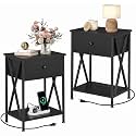 VECELO Nightstand Set of 2,End Tables with Charging Station,Bed Side Table with Open Shelf &USB Ports & Outlets,Small Dresser for Bedroom, Living Room,Black