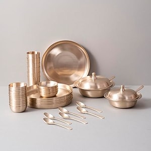 veda essentials 40-piece kansa dinner set for 6  100 lead-free lab-certified  105 inch plates bowls glasses sweet dish plates spoons amp serving bowls set  handcrafted for dining amp gifting