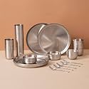 Veda Essentials 36-Piece Stainless Steel Dinner Set for 6 | Matte Finish Indian Thali Set with Plates, Bowls, Glasses, Spoons & Sweet Dish Plates | Everyday Dining Set