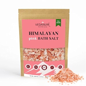 vedanum natural unrefined organic himalayan pink bath salt with 84 rich minerals and skin loving nutrients for negative energy removal and cleaning