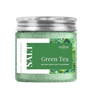 vedanum premium aromatic green tea bath salt for skin nourishment relaxing foot massage pain relief and aromatherapy - 200 gm jar