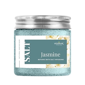 vedanum premium aromatic natural jasmine bath salt for skin nourishment relaxing foot massage pain relief and aromatherapy - 200 gm jar