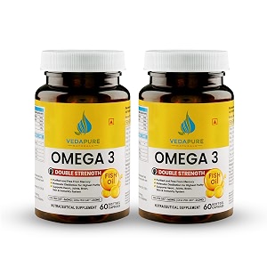 vedapure omega 3 fish oil capsules  omega 3 supplement triple strength 1000mg  60 fish oil sofgelsfor men and women  with 360 epa amp 240 dha  improves heart brain amp joint health pack of 2