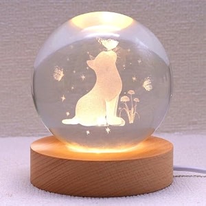 cat crystal ball night light 24 inch glass ball night lamp with woodern base decorations gifts for men women kids boys girlsteens h- cat crystal ball lamp - led