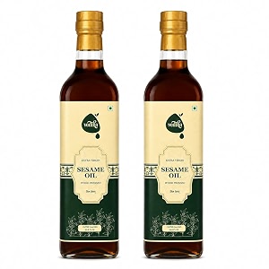 vedika organics extra virgin black sesame oil for cholesterol free cooking massage oral detox - 100 natural seasame oil kacchi ghani til oil - a1 grade extra-virgin sesame oil 1 liter pack of 2