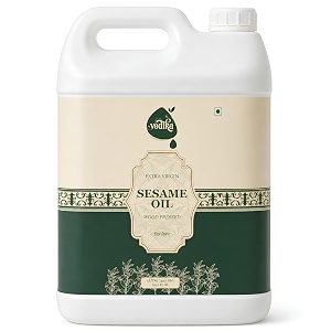 vedika organics extra virgin black sesame oil for cholesterol free cooking massage oral detox - 100 natural seasame oil kacchi ghani til oil - a1 grade extra-virgin sesame oil 5 liter