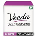 Veeda 100% Natural Cotton Tampons - Super Absorbency with leak proof protection - Compact BPA-Free Applicator - Unscented &amp; Free from Chlorine, Toxin - 32 Count