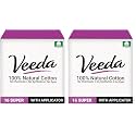 Veeda 100% Natural Cotton Tampons - Super Absorbency with Leak Proof Protection - Compact BPA-Free Applicator - Unscented &amp; Free from Chlorine, Toxin - 16 Count (Pack of 2)