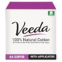 Veeda 100% Natural Cotton Tampons - Super Absorbency with Leak Proof Protection - Compact BPA-Free Applicator - Unscented &amp; Free from Chlorine, Toxin - 64 Count