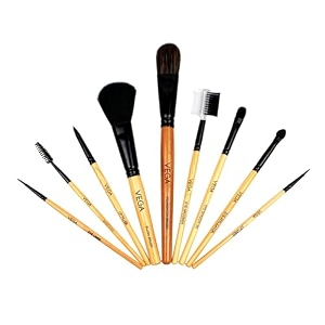 vega 9-in-1 professional makeup brush set - wooden 9 pieces evs-9