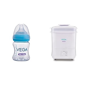 vega baby amp mom 4 in 1 electric steam sterilizer with dryer amp tritan feeding bottle 150ml wide neck - blue