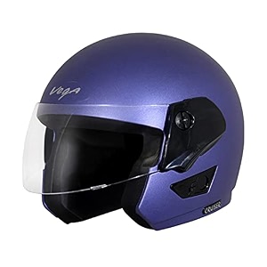 vega cruiser open face riding helmet with matte finish isi certified clear visor lightweight build comfortable interior shock absorbing liner and trendy dull mblue styling dull mblue-m