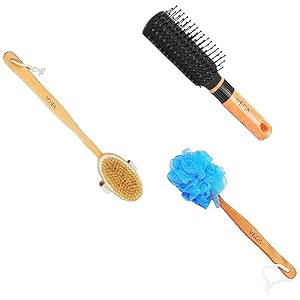 vega detachable wooden bristle bath brush with long handle for easy massage - mini flat brush with colored handle and black brush head color may vary