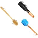 VEGA Detachable Wooden Bristle Bath Brush With Long Handle for Easy Massage - Mini Flat Brush With Colored Handle and Black Brush Head (Color May Vary)