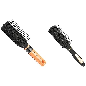 vega flat brush with black and gold colored handle and black colored brush head amp vega mini flat brush with wooden colored handle and black colored brush head