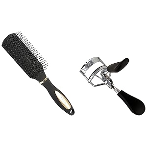 vega flat brush with black and gold colored handle and black colored brush head amp vega premium eye lash curler