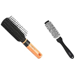 vega hot curl brush small black 80 g amp vega mini flat brush with wooden colored handle and black colored brush head