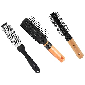 vega hot curl brush small black 80 g amp vega round brush for men amp women e8-rb amp vega mini flat brush with wooden colored handle and black colored brush head