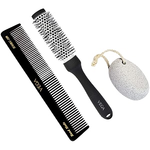 vega hot curl brush small black 80 g amp vega oval shaped pumice stone white amp vega half coarse and half fine general grooming comb black