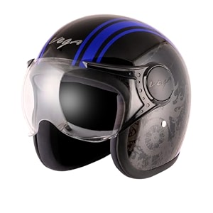 vega jet old school isi dot certified gloss finish open face helmet for men and women with clear visorblack blue sizel
