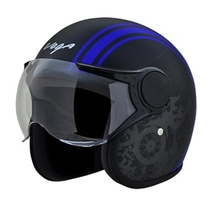 vega jet old school isi certified lightweight open face helmet for men and women with scratch and uv resistant clear visor- black blue size m57-58 cm