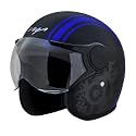 Vega Jet Old School ISI Certified Lightweight Open Face Helmet for Men and Women with Scratch and UV Resistant Clear Visor- Black Blue, Size: M(57-58 cm)