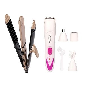 vega 3 in 1 hair styler straightener curler amp crimper vhscc-01 black amp feather touch 4-in-1 trimmer for women suitable for trimming eyebrows nose face amp bikini area vhbt-03