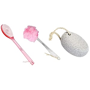 vega new luxury bristle bath brush for gentle body massage pink amp oval shaped pumice stone white amp luxury soft sponge brush for cleansing colour may vary