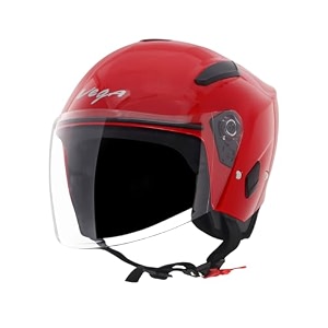 vega orion open face riding helmet with lightweight shell comfortable liner shock absorbing interior ventilated fit durable build and modern red styling red-m
