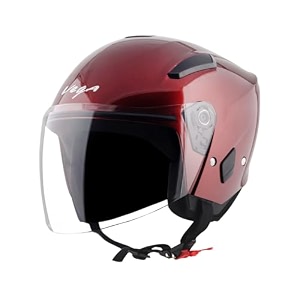 vega orion open face riding helmet with lightweight shell comfortable liner shock absorbing interior ventilated fit durable build and modern burgundy styling burgundy-m