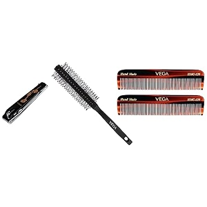 vega pocket comb brown pack of 2 round brush for men amp women r3-rb color may vary amp large nail clipper black lnc-03
