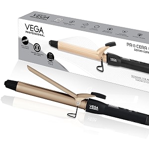 vega professional pro cera curls 32mm hair curler for women ceramic curling tong with led display 80c-230c temperature control fast heat-up hair styler for beach wave amp volume salon use vpmct-09
