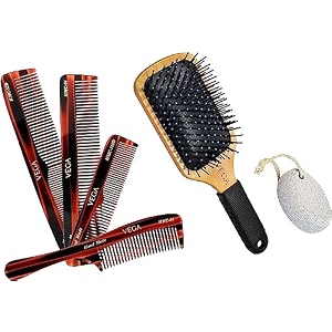 vega set of 4 hand made comb amp vega premium collection paddle hair brush for men amp women e1-pb amp vega oval shaped pumice stone white