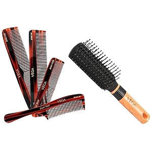 vega set of 4 hand made comb amp vega mini flat brush with wooden colored handle and black colored brush head