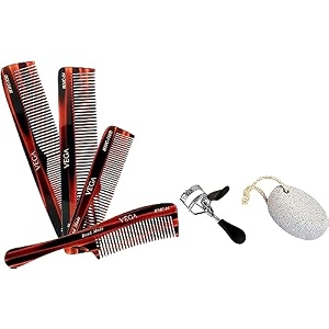vega set of 4 hand made combampvega premium eye lash curlerampvega oval shaped pumice stone white