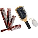 Vega Set of 4 Hand Made Comb &amp; VEGA Premium Collection Paddle Hair Brush for Men &amp; Women, (E1-PB) &amp; Vega Oval Shaped Pumice Stone, White