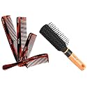 Vega Set of 4 Hand Made Comb &amp; Vega Mini Flat Brush with Wooden Colored Handle and Black Colored Brush Head