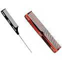 Vega Tortoise Shell Half Coarse Half Fine Medium Sized Graduated Dressing Comb, Brown &amp; Vega Tail Comb with Steel Pin and Fine Tooth, Black